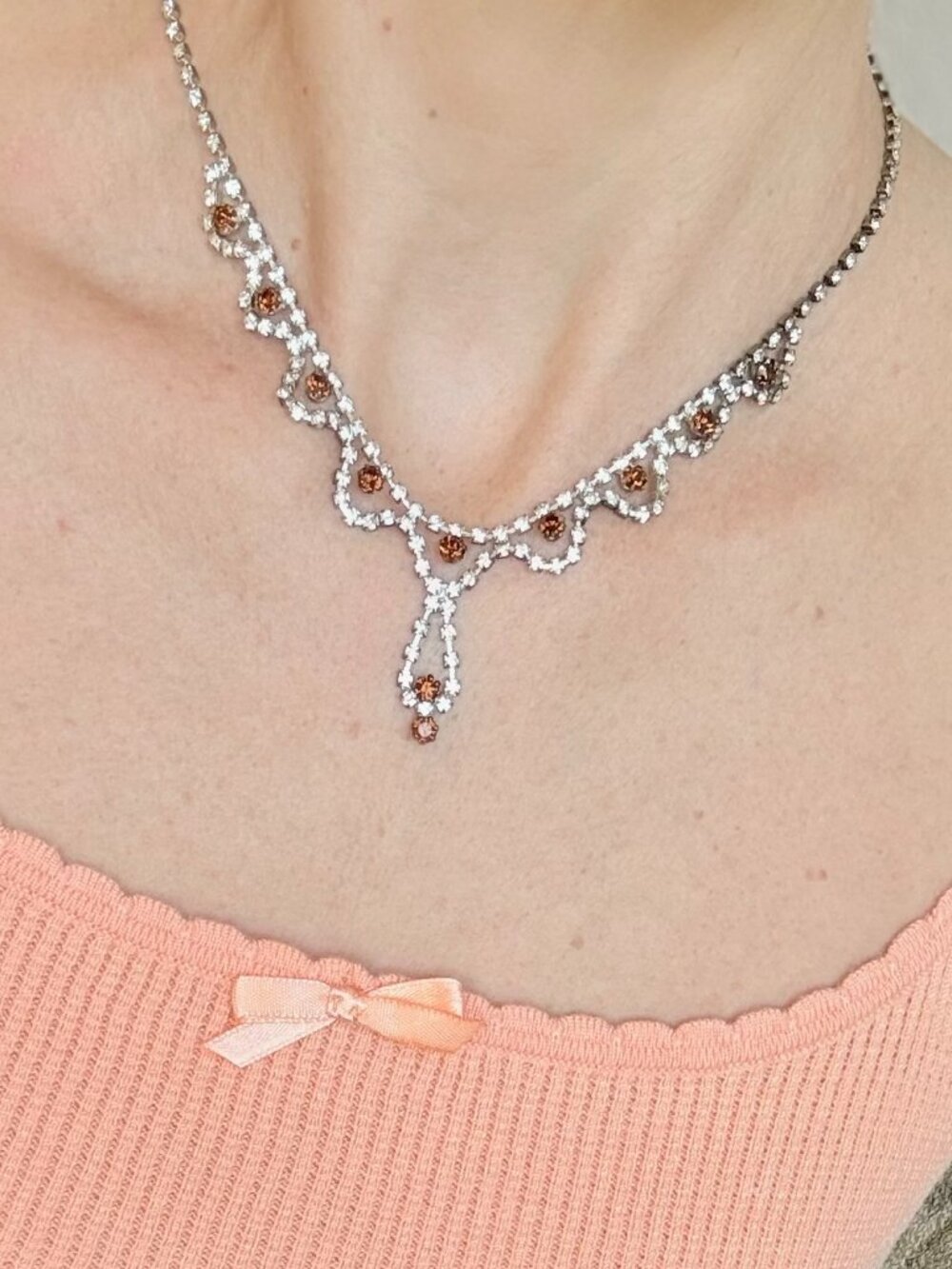 Vintage Rhinestone Necklace Adjustable Silver Choker Evening Jewelry